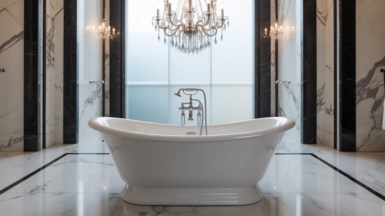 Luxurious bathroom with a white freestanding bathtub on a marble floor. A crystal chandelier hangs above, creating an elegant and sophisticated ambiance.
