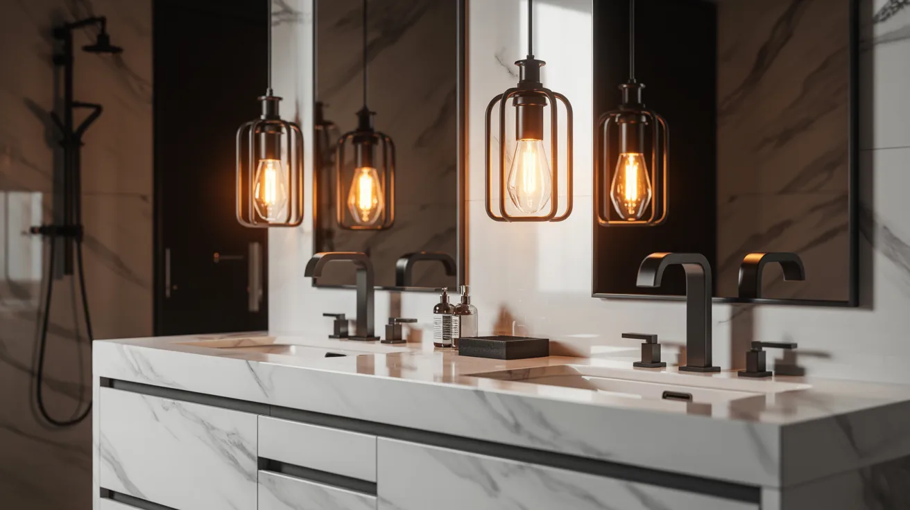 Alt text: Modern bathroom with dual sinks, sleek black fixtures, and marble countertops. Warm Edison bulb pendant lights hang above, creating an inviting glow.