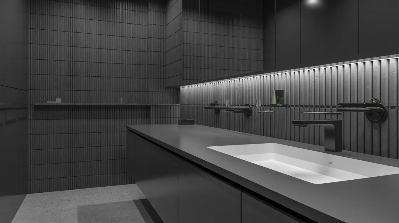 Sleek modern bathroom with dark tile walls, under-cabinet lighting, and a minimalist rectangular sink. The atmosphere feels sophisticated and calm.