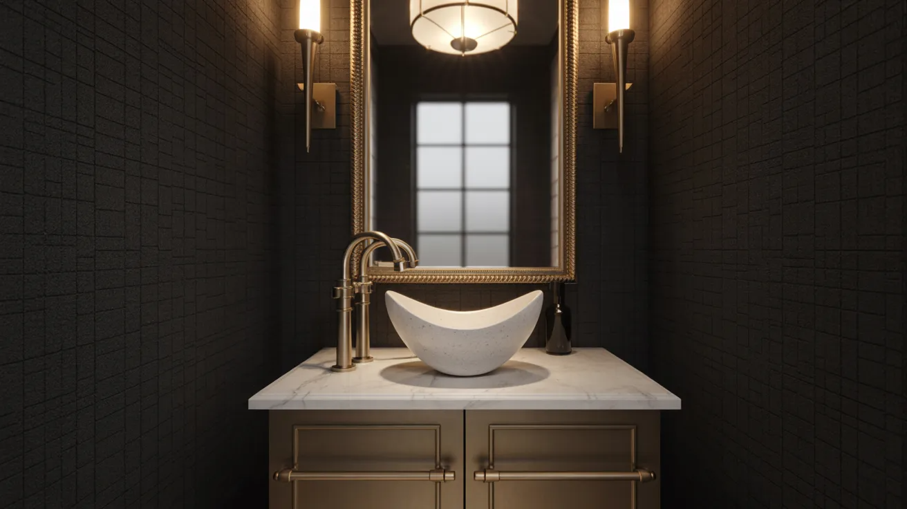 Sophisticated bathroom with dark textured walls and warm lighting. Features an elegant white bowl sink, brass faucet, and a large framed mirror.