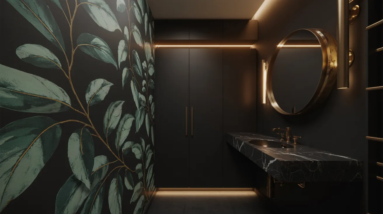 A dark, elegant bathroom with a leafy mural on the left wall. Features include a marble sink, round mirror, and warm ambient lighting, creating a luxurious mood.