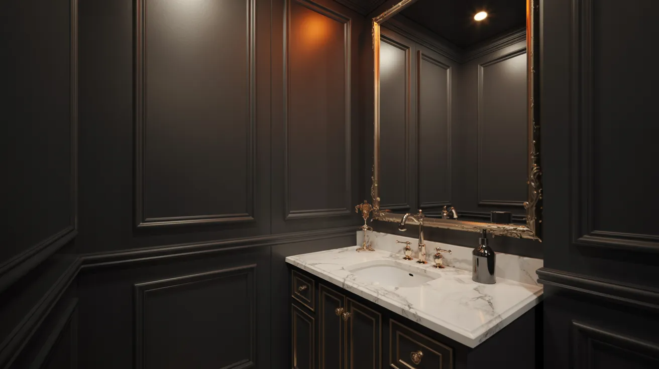 Elegant bathroom with dark-paneled walls, white marble sink, and vintage gold fixtures. A large mirror reflects warm lighting, creating a luxurious feel.