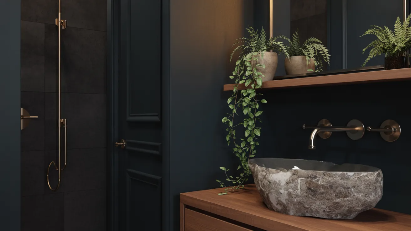 Modern bathroom with dark walls, a stone sink on a wooden vanity, brass fixtures, and shelves adorned with lush green plants, creating a serene ambiance.