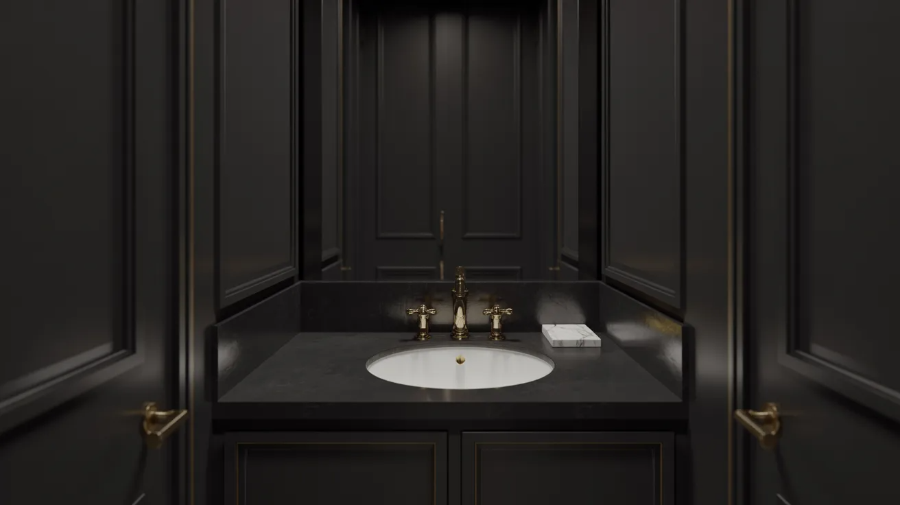 Elegant black bathroom with a central white sink, gold fixtures, and neatly stacked white towels. The dark walls and sleek design create a luxurious atmosphere.
