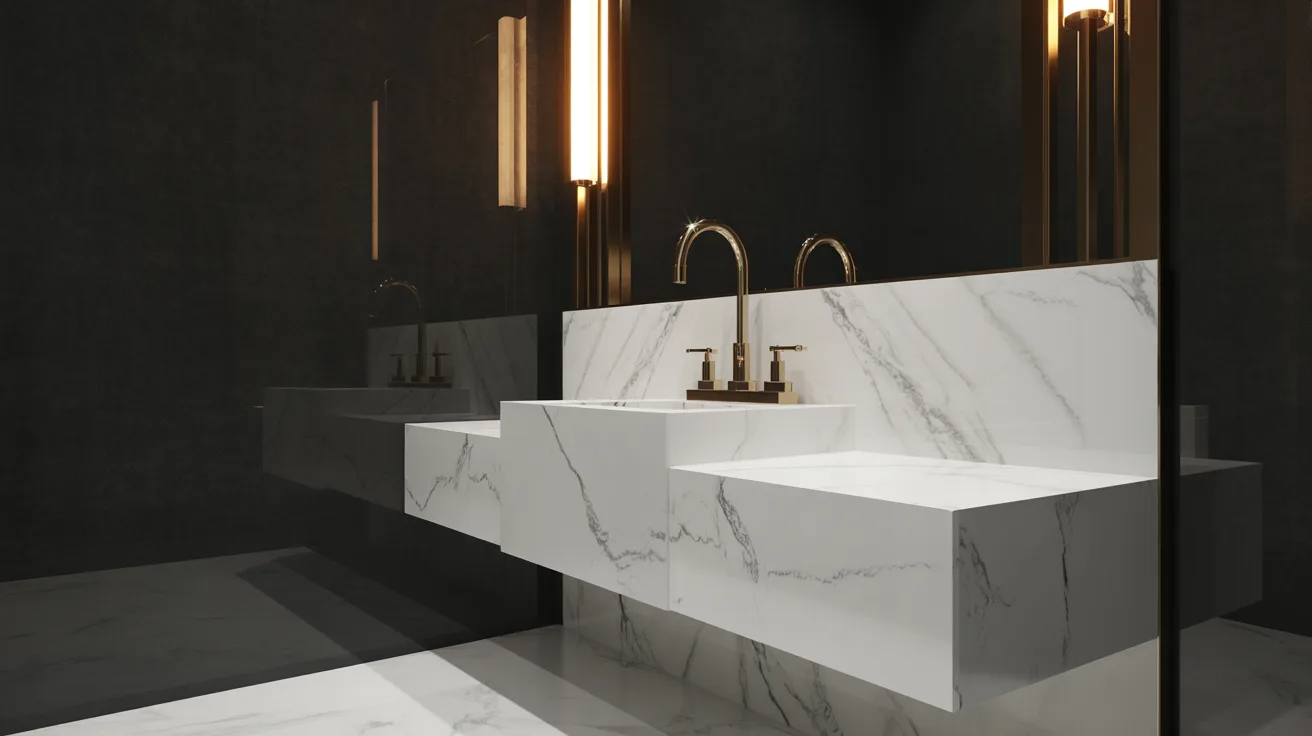 Modern bathroom with a minimalist design, featuring a white marble sink with geometric edges. Brass faucets and warm lighting create an elegant ambiance.