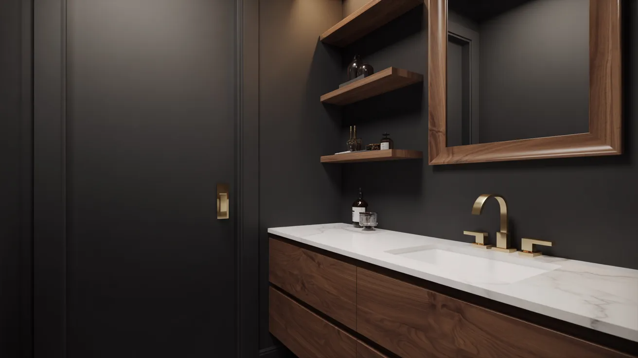 A modern bathroom features dark walls, wooden cabinets, open shelves with toiletries, a marble countertop, and gold fixtures, conveying a sleek, elegant ambiance.