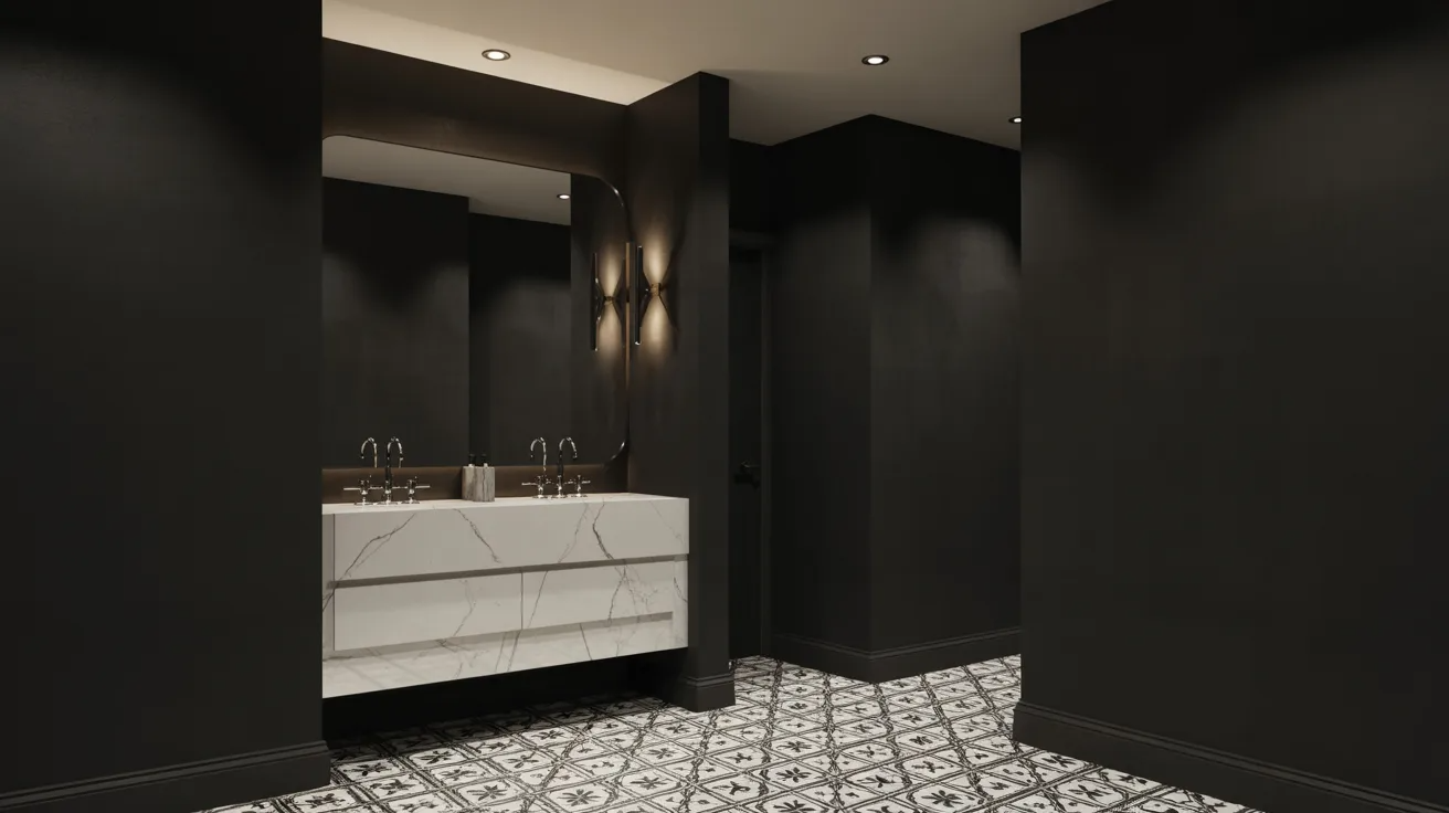 Sleek bathroom with dark walls, patterned black and white tile floor, a modern white double vanity, large mirror, and elegant wall sconces.
