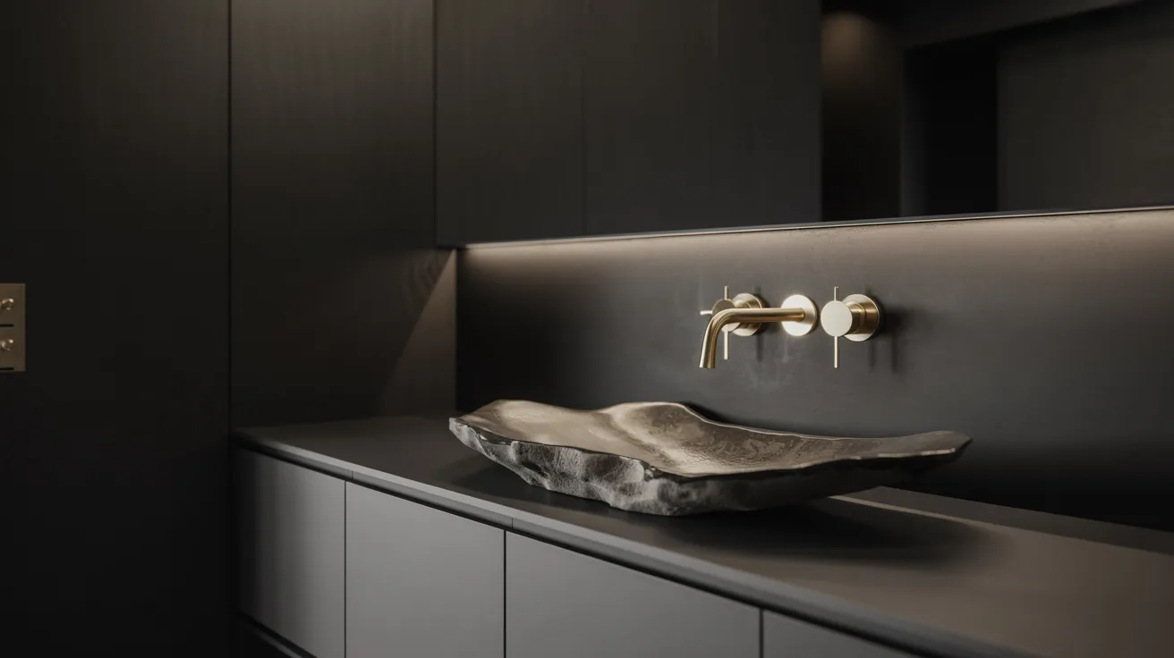 Elegant modern bathroom with a sculpted stone sink, matte black cabinetry, and sleek brass fixtures. The ambiance is minimalist and sophisticated.
