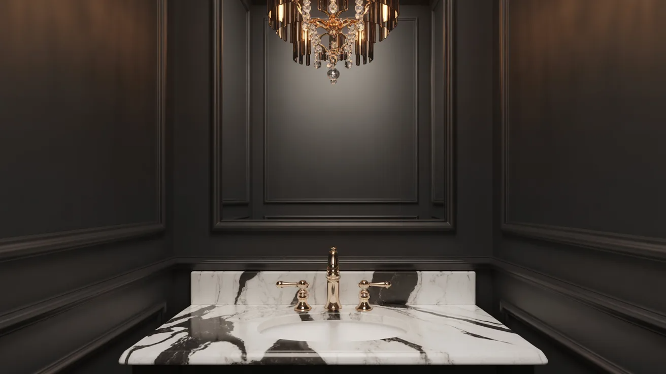 Luxurious bathroom with a marble sink, gold fixtures, and an elegant chandelier. Dark walls provide a sophisticated, modern contrast.