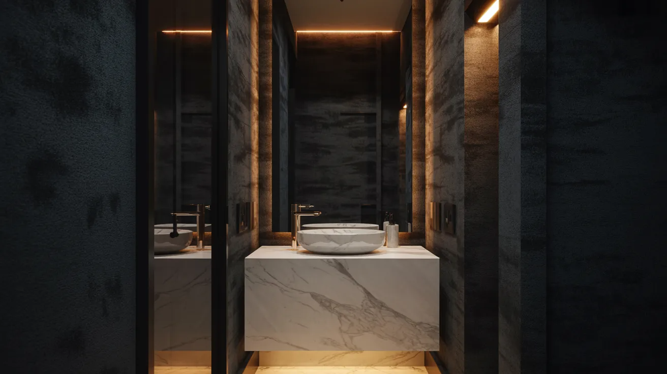 A modern bathroom features a white marble vanity with a vessel sink, illuminated by warm, recessed lighting. Dark textured walls add a sleek, sophisticated ambiance.