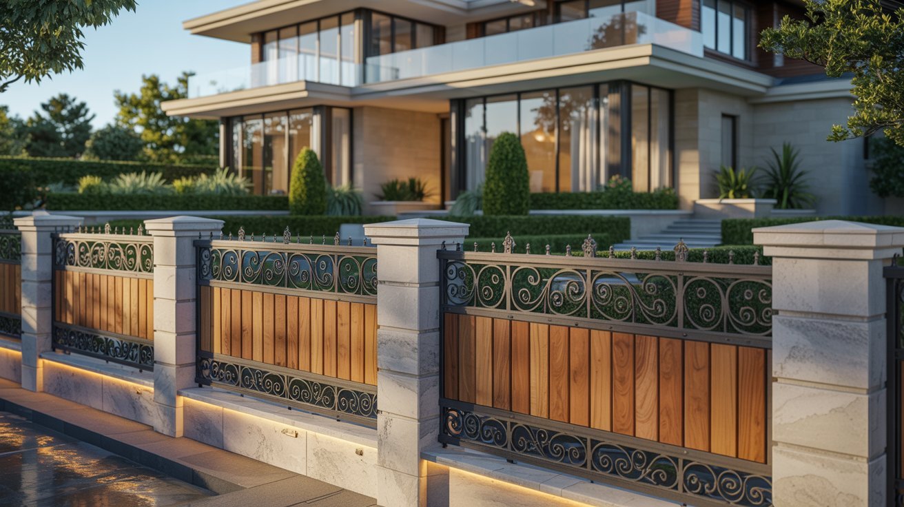 Modern house with large windows behind an ornate fence featuring wood and metal details. Lush greenery surrounds the property, creating an elegant, inviting atmosphere.