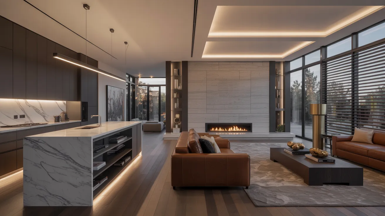 Modern open-concept living room and kitchen with warm lighting. Features a marble island, sleek cabinets, brown sofas, and a lit fireplace. Cozy ambience.