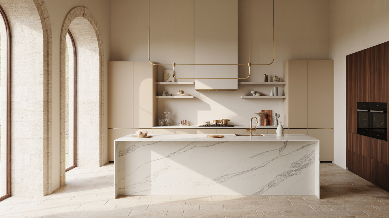 Modern kitchen with large marble island, minimalist beige cabinets, and open shelves. Sunlight streams through arched windows, creating a warm ambiance.