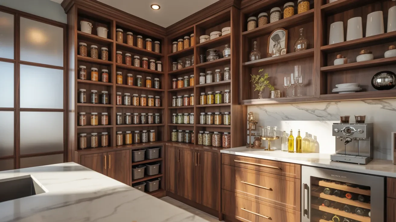 A well-organized kitchen pantry with wooden shelves lined with jars of spices and grains. Counter features a coffee machine and olive oil bottles, creating a cozy, efficient atmosphere.