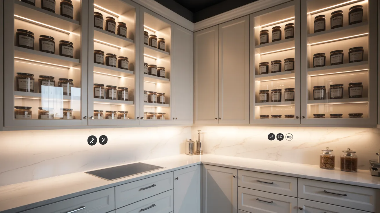 Modern kitchen with soft lighting, featuring white cabinets and marble countertops. Open shelves display matching spice jars, creating an organized and serene atmosphere.