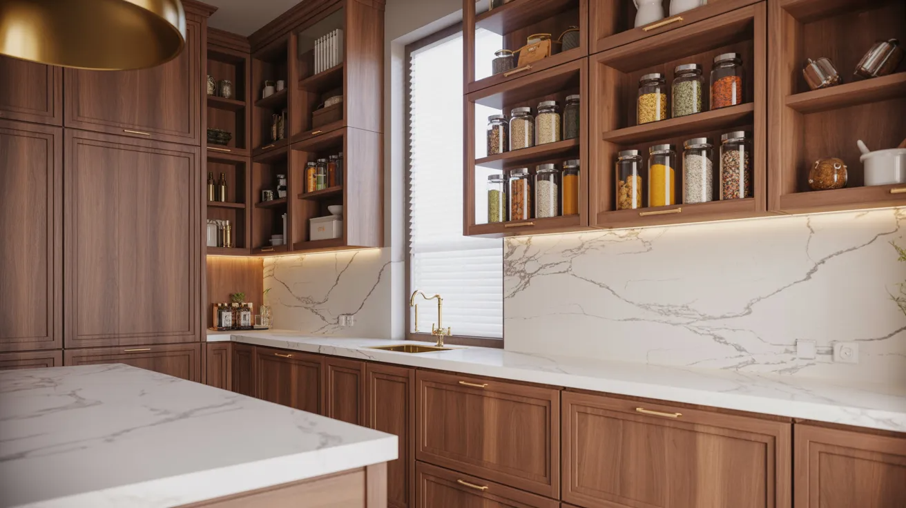 Modern kitchen with warm wooden cabinets, white marble countertops, and open shelves displaying jars of grains and spices. Elegant, organized ambiance.