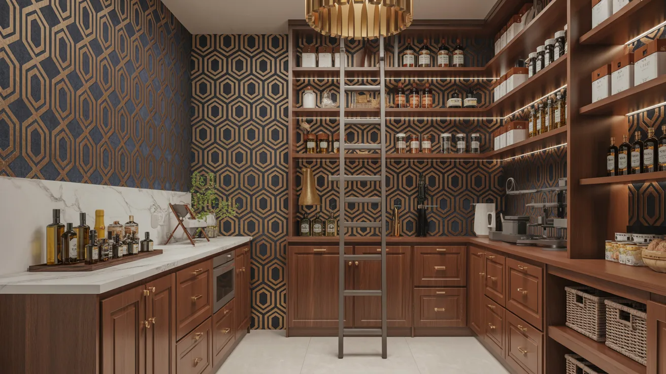 Luxurious pantry with wooden cabinetry, marble countertops, geometric wallpaper, and shelves stocked with bottles. A ladder leans against the shelves.