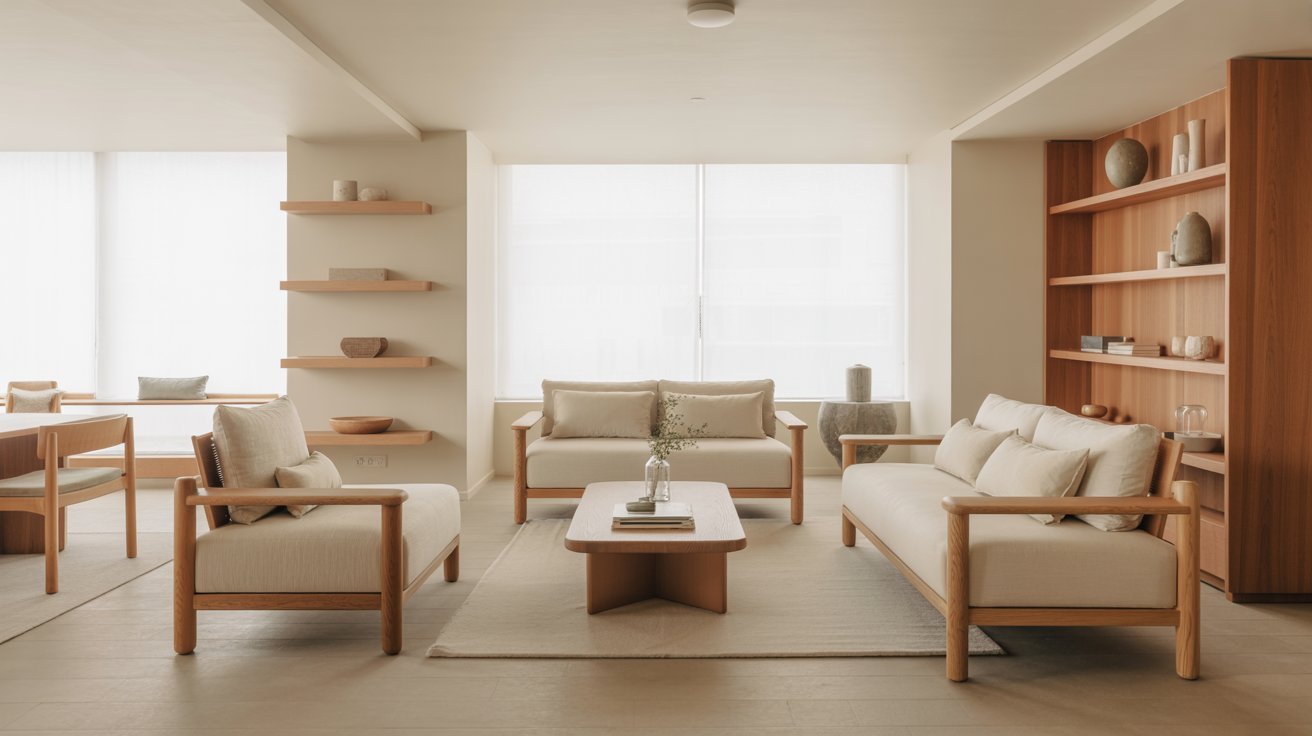 A minimalist living room with neutral tones, featuring two beige sofas, a wooden coffee table, shelves with decor items, and soft natural lighting.