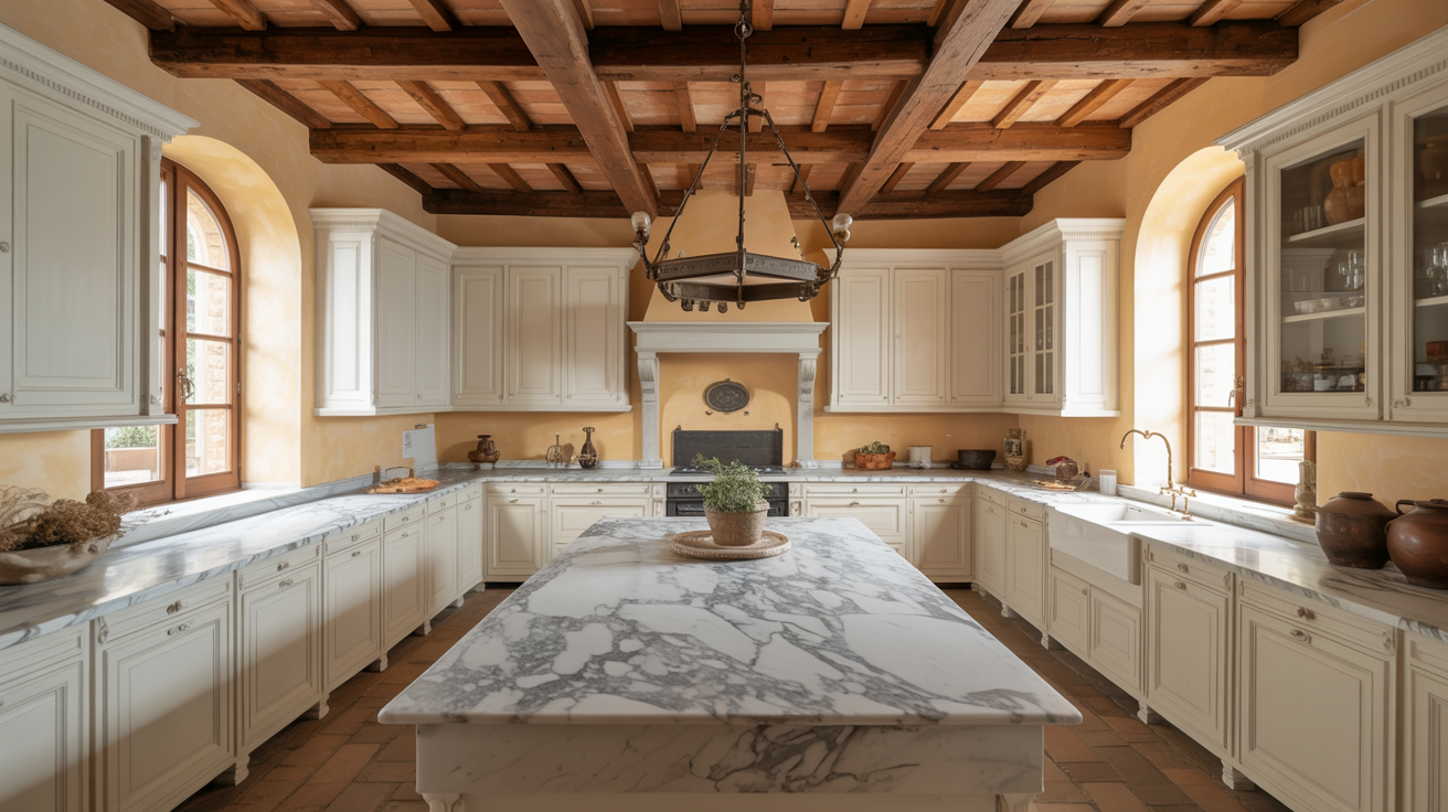 Spacious rustic kitchen with white cabinets, large marble island, and wooden ceiling beams. Warm light streams through two arched windows, creating a cozy ambiance.