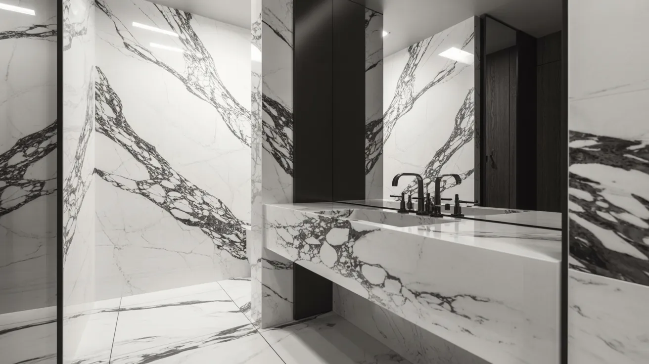 A modern bathroom with sleek, white and black-veined marble walls and floor. Features a minimalist sink with black faucets and a calm, luxurious ambiance.