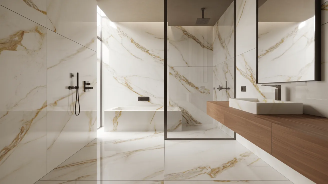Modern bathroom with elegant white marble walls, gold veining, and glossy finish. Features a wooden vanity, large mirror, glass shower, and minimalist decor.