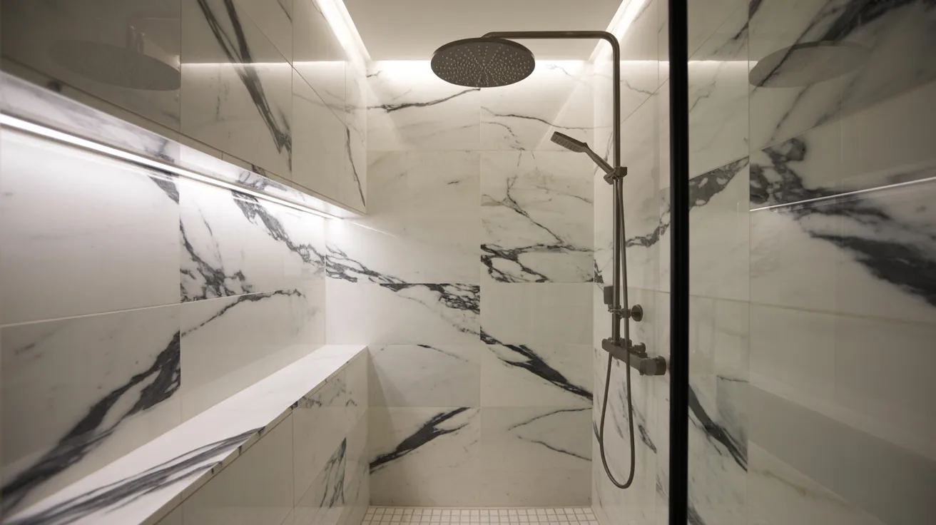Luxurious marble shower with sleek black veining, wall-mounted rain showerhead, and recessed lighting, creating a serene and elegant atmosphere.