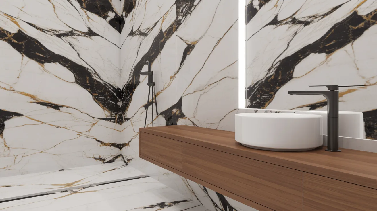 Modern bathroom with large black and white marble tiles, sleek black fixtures, and a wooden vanity with a round white sink, conveying luxury.