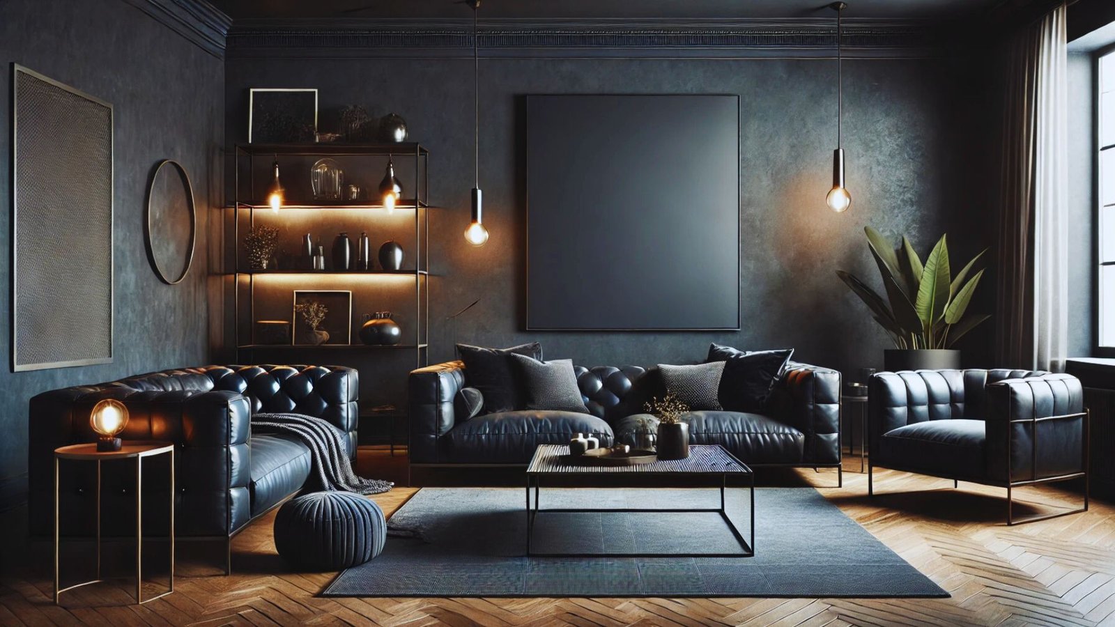 Stylish living room with dark gray walls, leather sofas, and modern pendant lights. Shelves with decor, a large blank painting, and a floor plant add elegance.