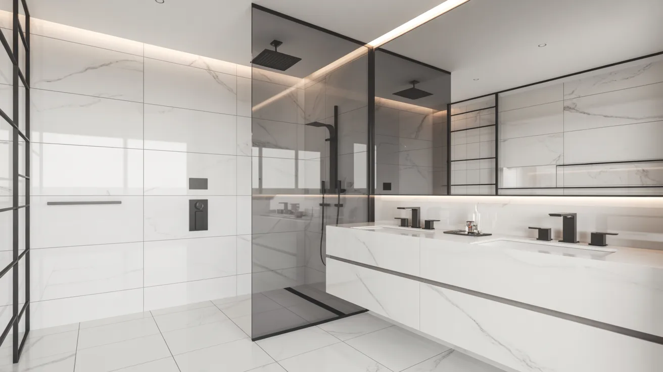 Modern bathroom with sleek white marble tiles, a glass-enclosed shower, double sinks, and minimalist decor. The ambiance is elegant and tranquil.