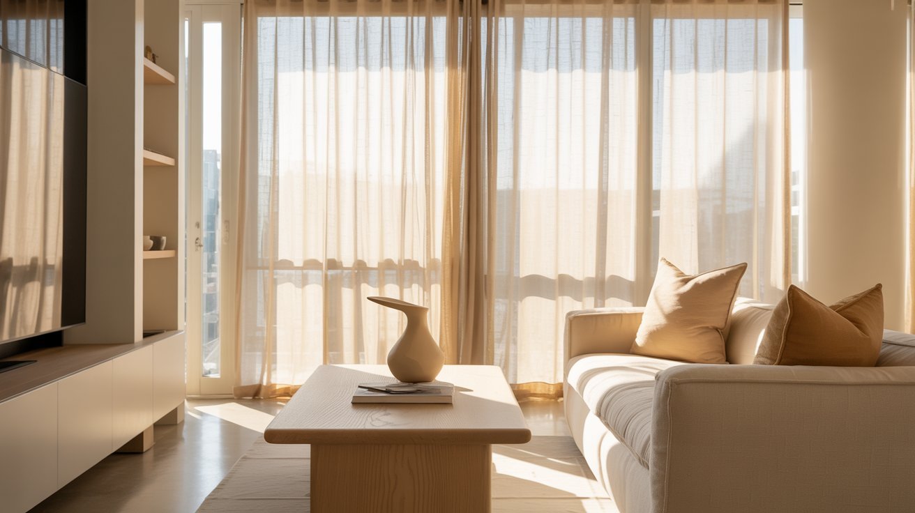 Sunlit living room with sheer curtains, beige sofa, and matching cushions. A wooden coffee table holds a decorative vase, creating a cozy and serene atmosphere.