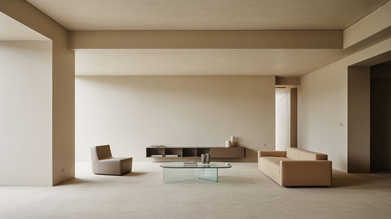 Minimalist living room with beige tones, featuring a modern glass coffee table, two low-profile sofas, a single chair, and a sleek wall-mounted shelf.
