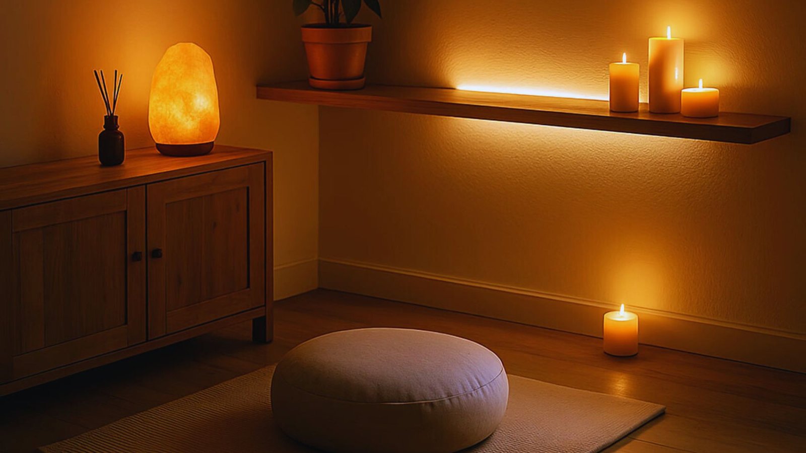 A serene meditation room with soft candlelight, a glowing salt lamp on a wooden cabinet, and a cushion on the floor, creating a warm, calming ambiance.