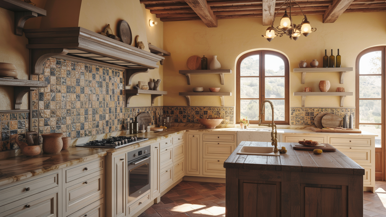 Rustic kitchen with wooden beams, stone countertops, and a central island. Warm lighting, decorative pottery, and arched windows create a cozy, inviting atmosphere.