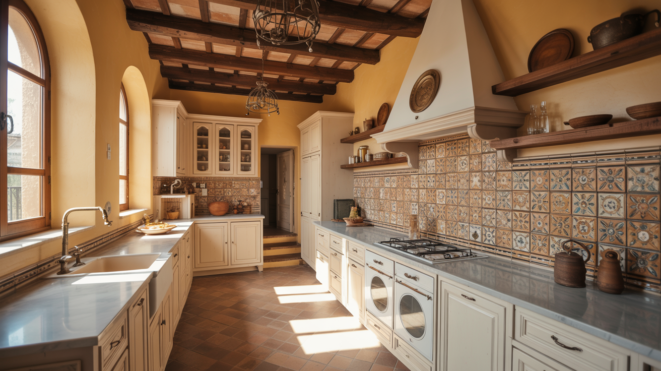 Rustic kitchen with warm tones, featuring arched windows, wooden beams, and patterned tiles. Elegant cabinetry and natural light create a cozy ambiance.