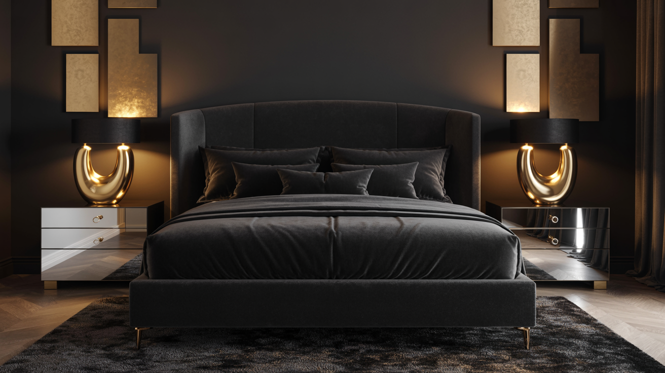 Luxurious bedroom with a dark velvet bed, gold-accented lamps on mirrored nightstands, textured black walls, and warm ambient lighting. Elegant and cozy.