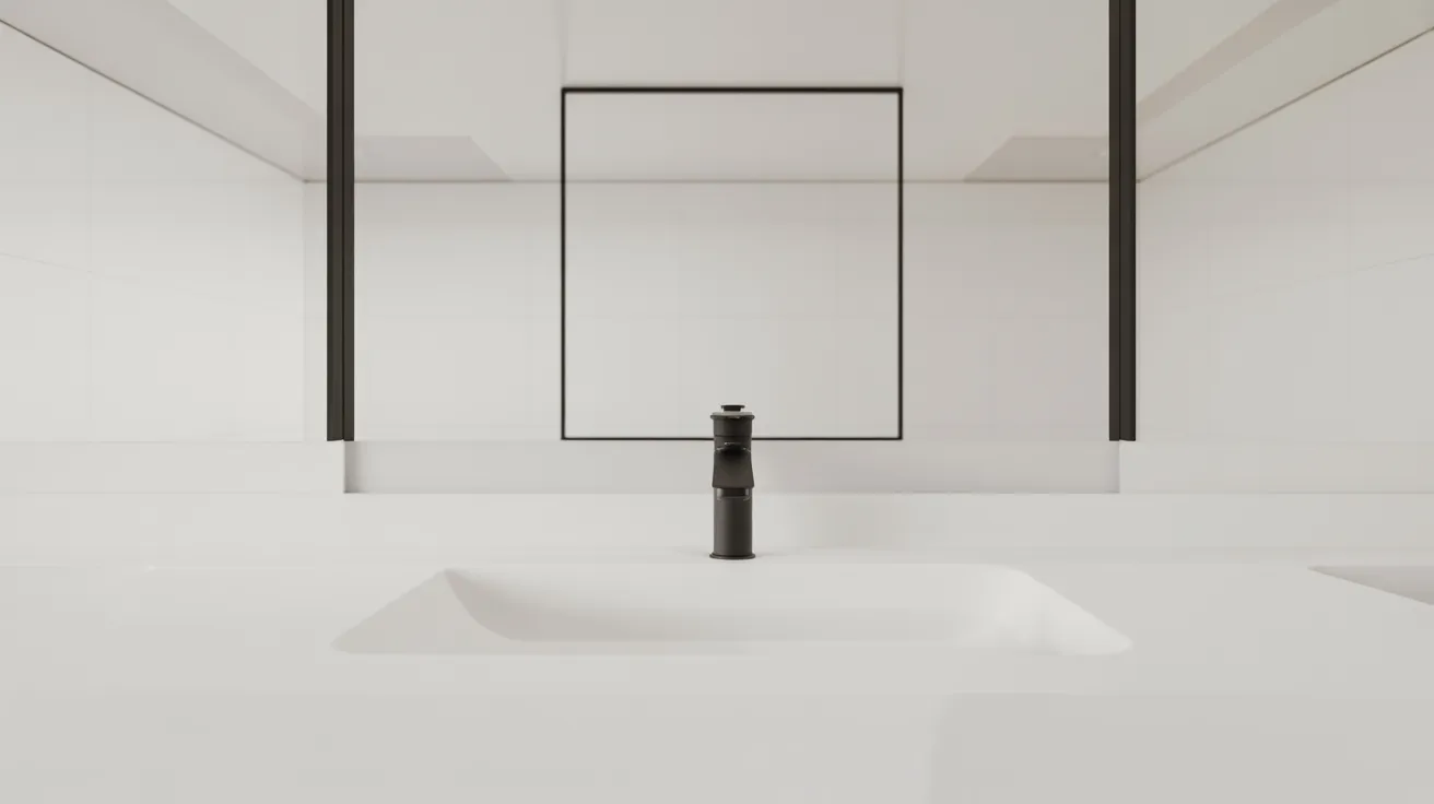 Minimalist bathroom with a large square mirror, a sleek black faucet, and a white countertop and sink. The design is modern and elegant.