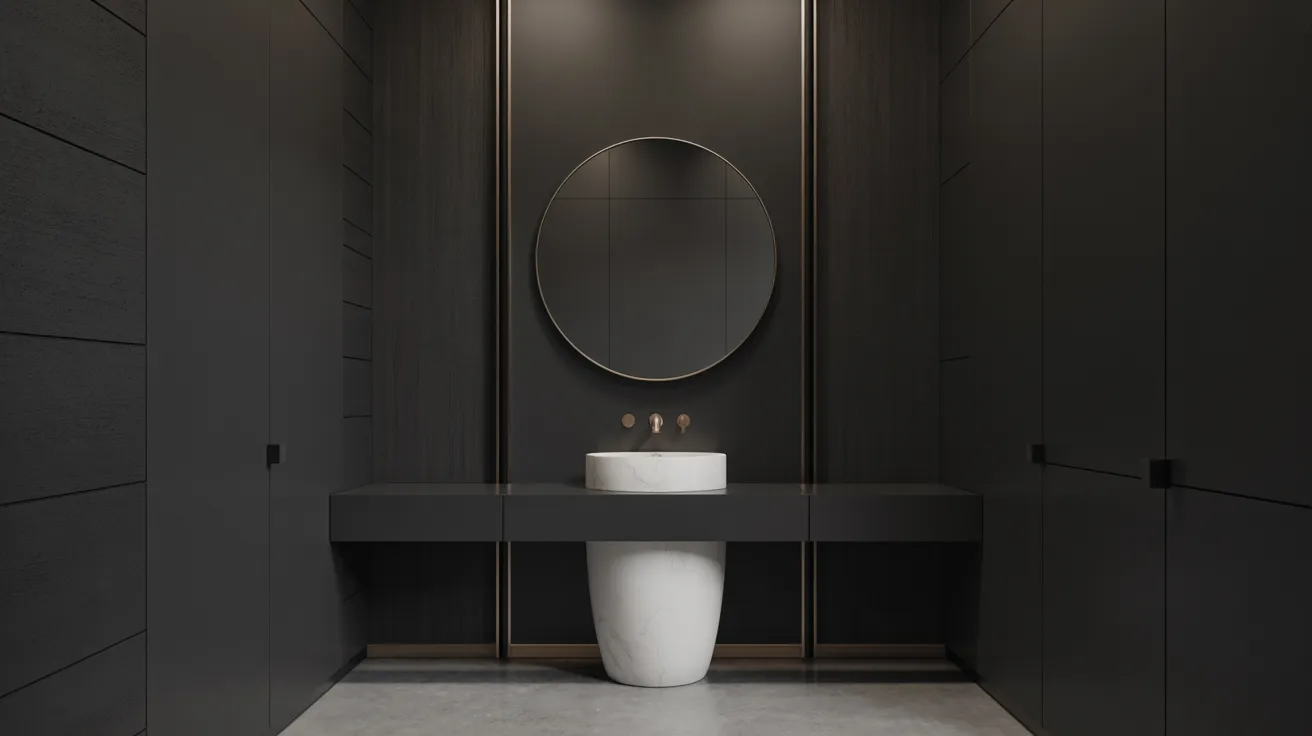 Minimalist bathroom with dark walls, a round mirror above a sleek black counter, and a simple white pedestal sink. The mood is modern and elegant.