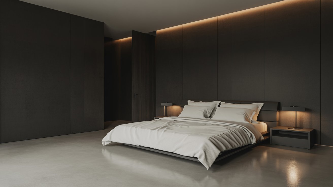 Sleek minimalist bedroom with a low platform bed, white bedding, dark walls, soft ambient lighting, and modern side tables, creating a serene atmosphere.