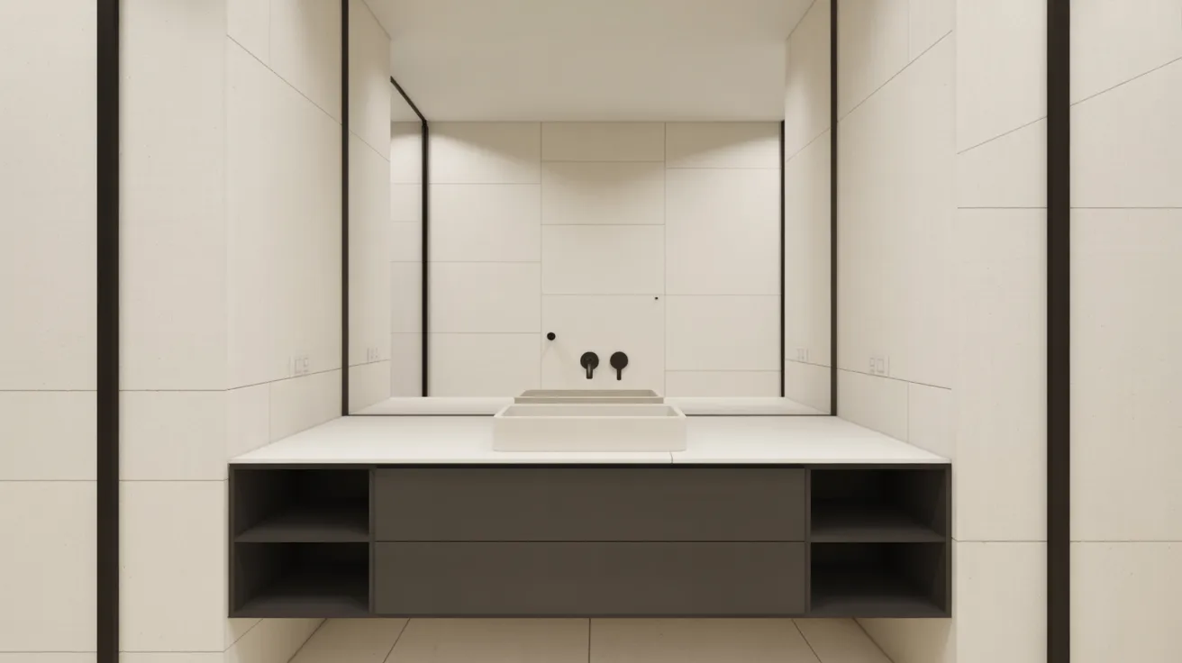 Minimalist bathroom with beige tiled walls, a sleek black and white vanity, built-in sink, black faucets, and a large framed mirror.