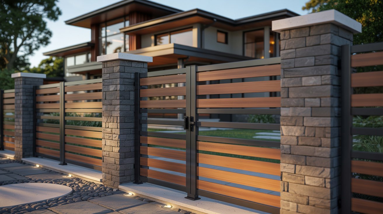 Modern house with large windows behind a sleek fence featuring dark stone pillars and warm wooden panels, under soft evening light, suggesting elegance.