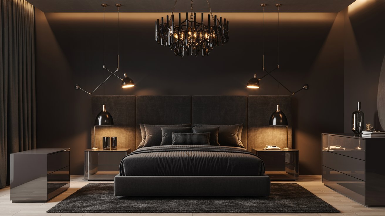 A modern bedroom with a dark color palette features a black bed, elegant chandelier, sleek nightstands, and warm lighting, creating a cozy, sophisticated ambiance.