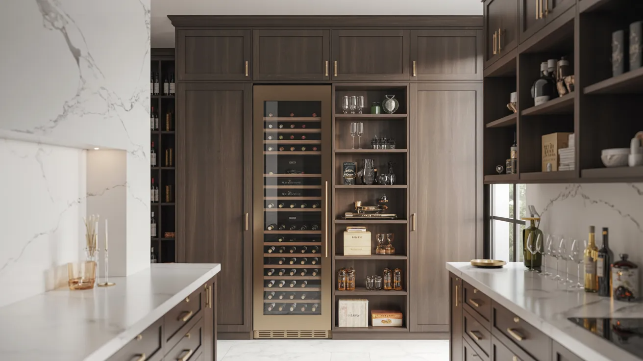 Sleek kitchen with dark wood cabinetry, featuring a built-in wine fridge and glassware shelves. Marble countertops add a modern, luxurious touch.