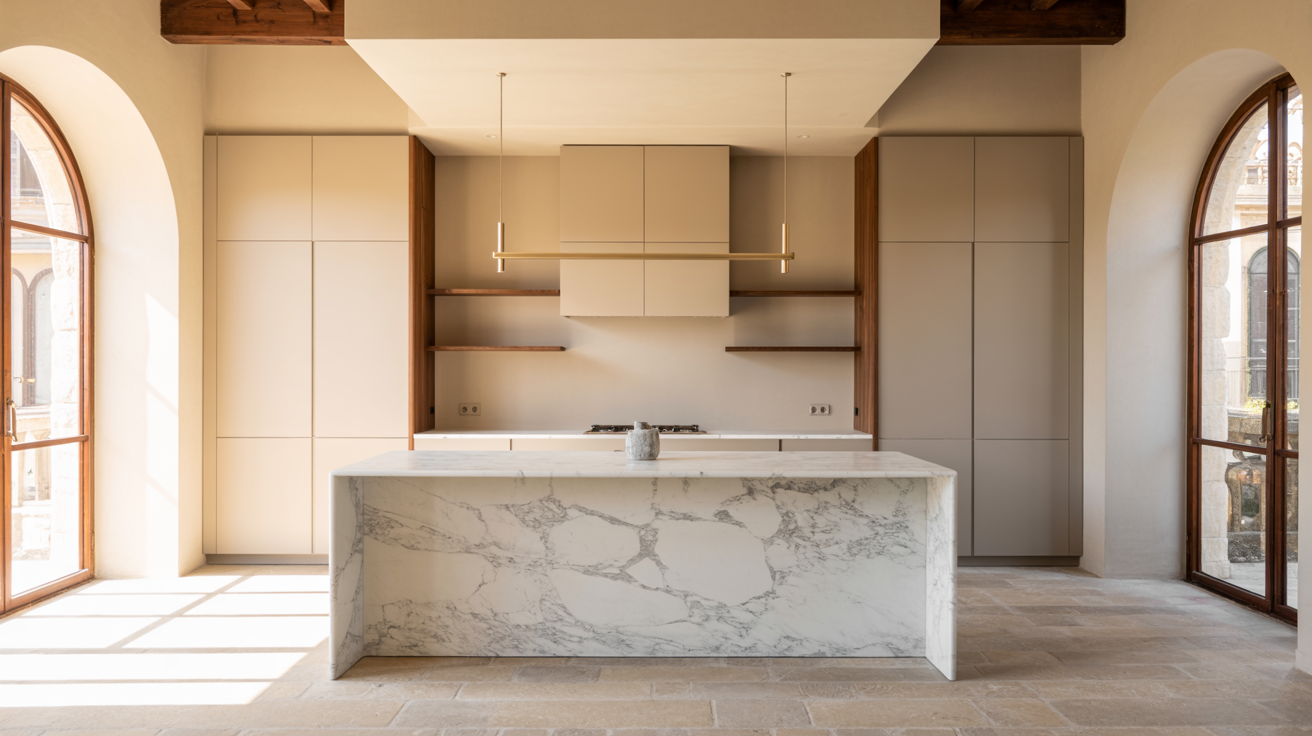 Spacious modern kitchen with large marble island, beige cabinetry, and minimalist pendant lights. Arched windows and natural light create an airy ambiance.