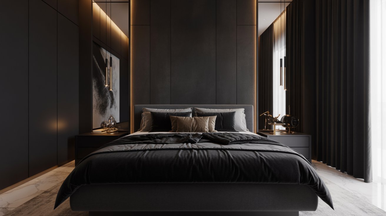 Sleek modern bedroom with a dark theme. Features a plush bed, elegant side tables, and soft lighting. Floor-to-ceiling curtains add a luxurious feel.