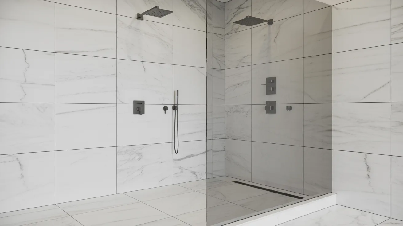 Spacious modern shower with sleek white marble tiles, dual rainfall showerheads, and a minimalist design, creating a serene and luxurious atmosphere.