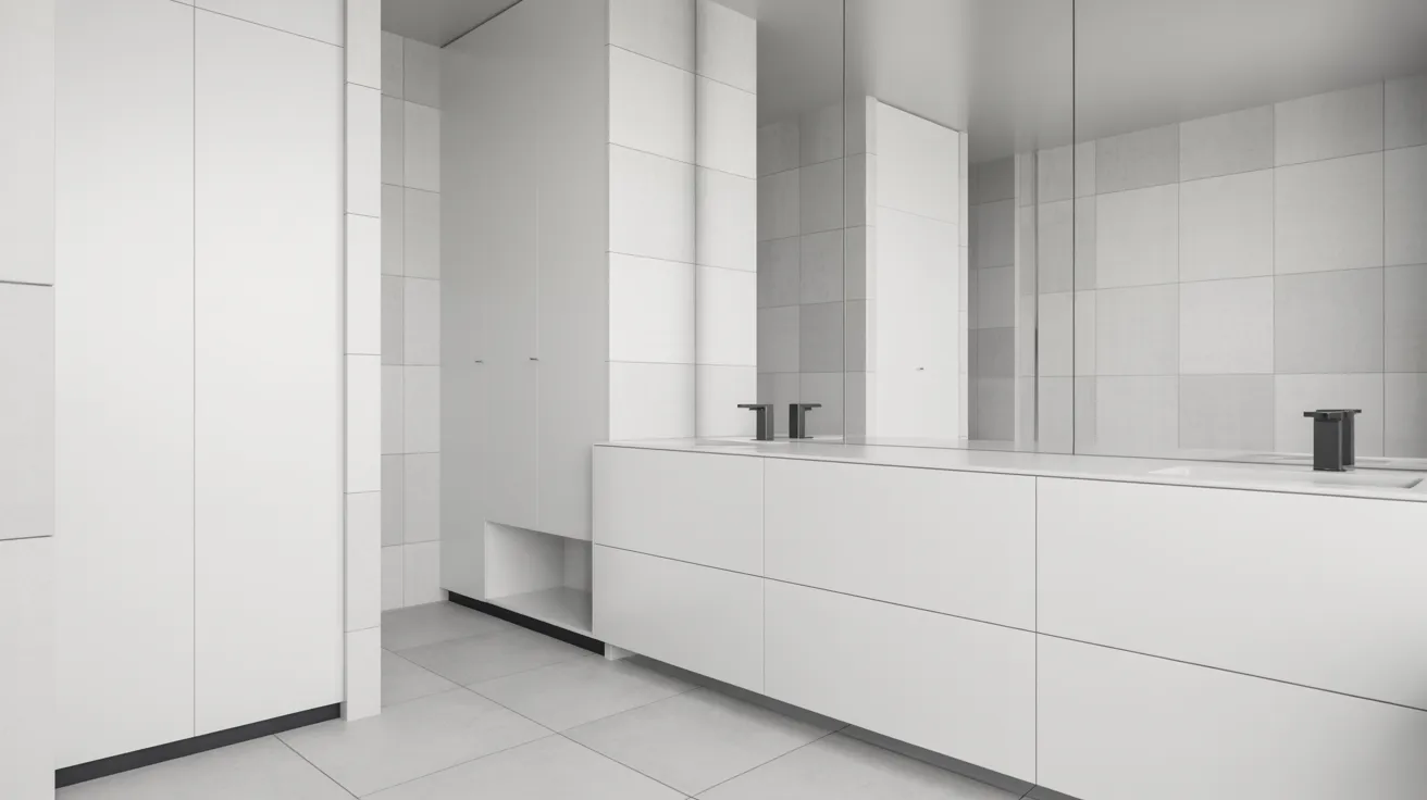 Sleek, modern bathroom with white cabinets and minimalist design. Black faucets on a double vanity mirror reflect the spacious, clean aesthetic.