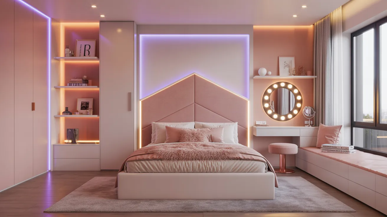 A modern, stylish bedroom with soft pink tones and ambient LED lighting. Features a central bed, vanity with round mirror, and large window. Cozy and elegant.