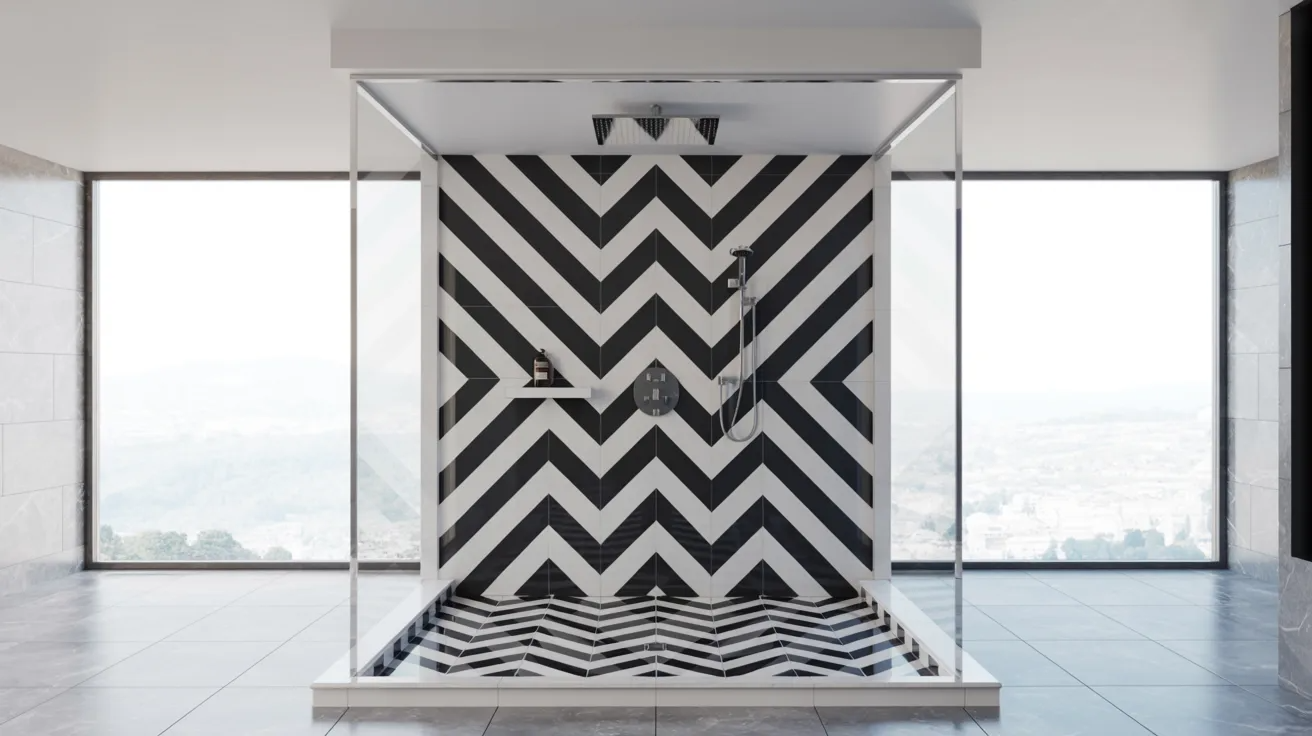  A modern bathroom featuring a striking black and white chevron-patterned walk-in shower with dual showerheads. Large windows offer a scenic view outside.