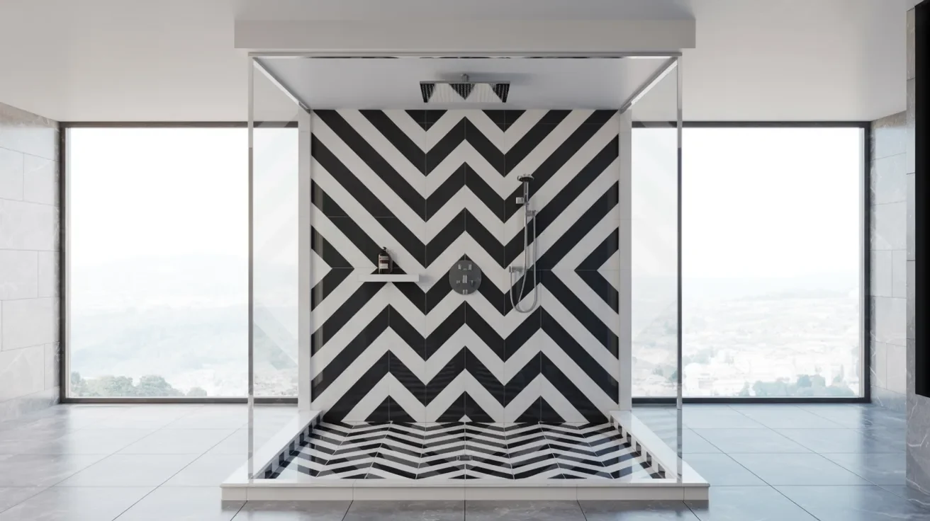 A modern bathroom featuring a striking black and white chevron-patterned walk-in shower with dual showerheads. Large windows offer a scenic view outside.