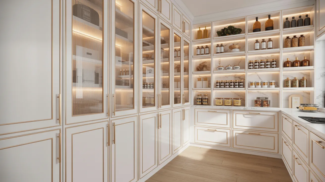 Luxurious kitchen pantry with white cabinets and glass doors, showcasing neatly organized shelves of jars, bottles, and spices. Warm, ambient lighting.